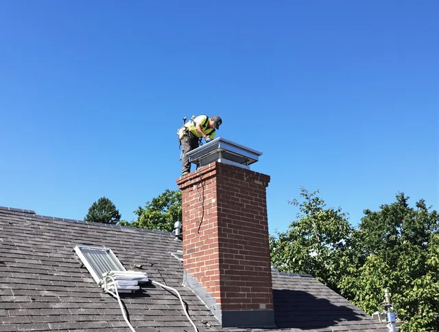 Copley Chimney Sweep technician measuring a chimney cap in Copley, OH