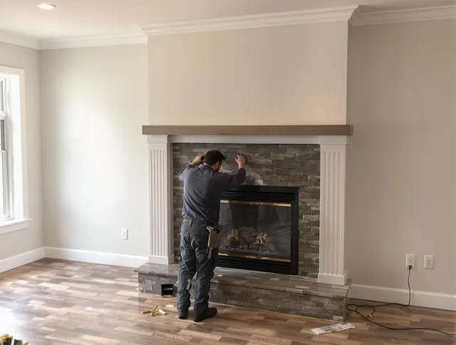 Copley Chimney Sweep finishing a custom fireplace install in Copley, OH